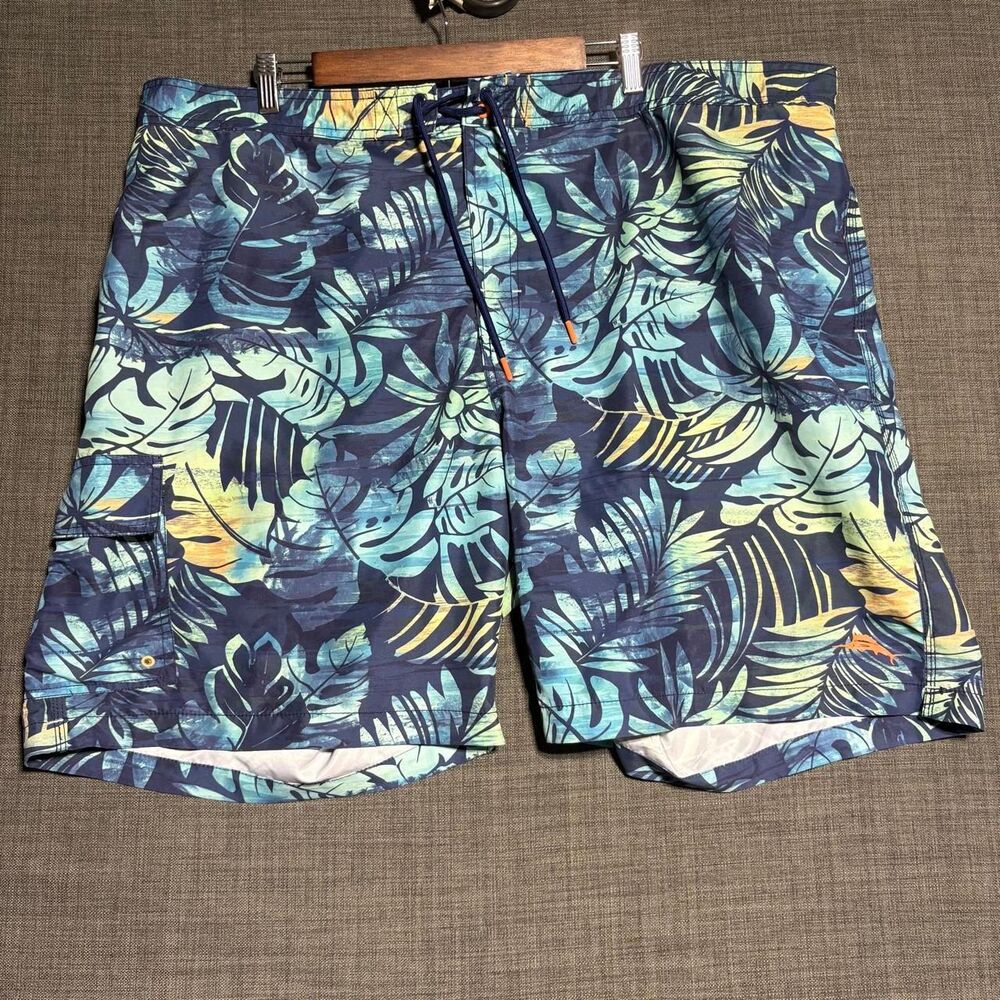 Mens Tommy Bahama blue, green, yellow tropical leaf print swim trunks size 3XL